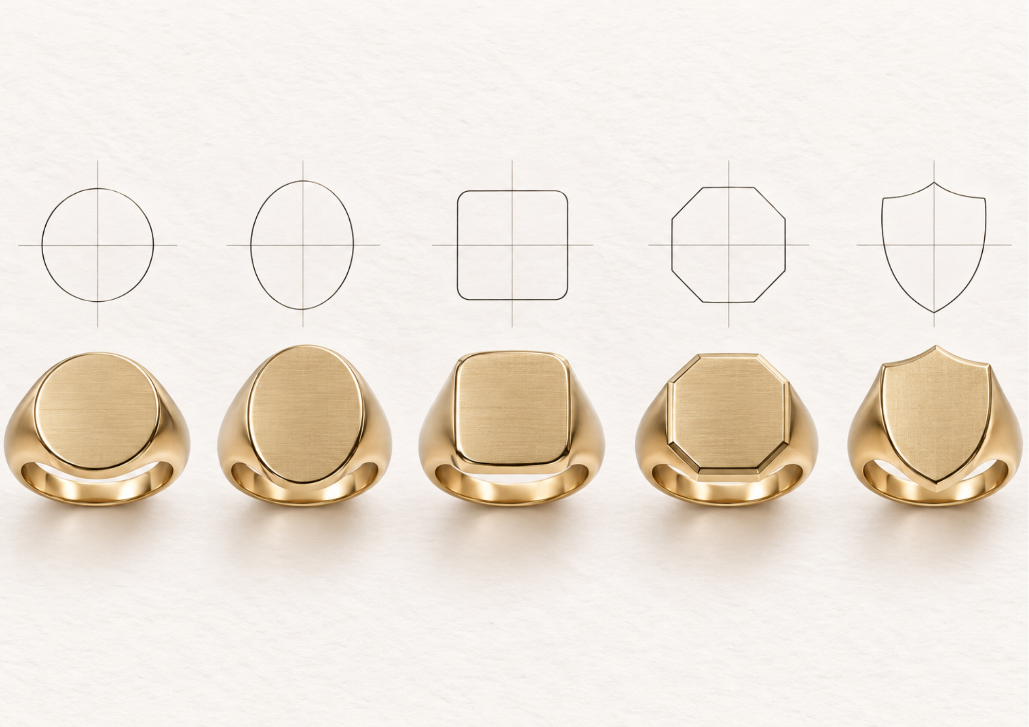 Illustration des différentes formes de table d’une chevalière : ronde, ovale, carrée, octogonale et écusson