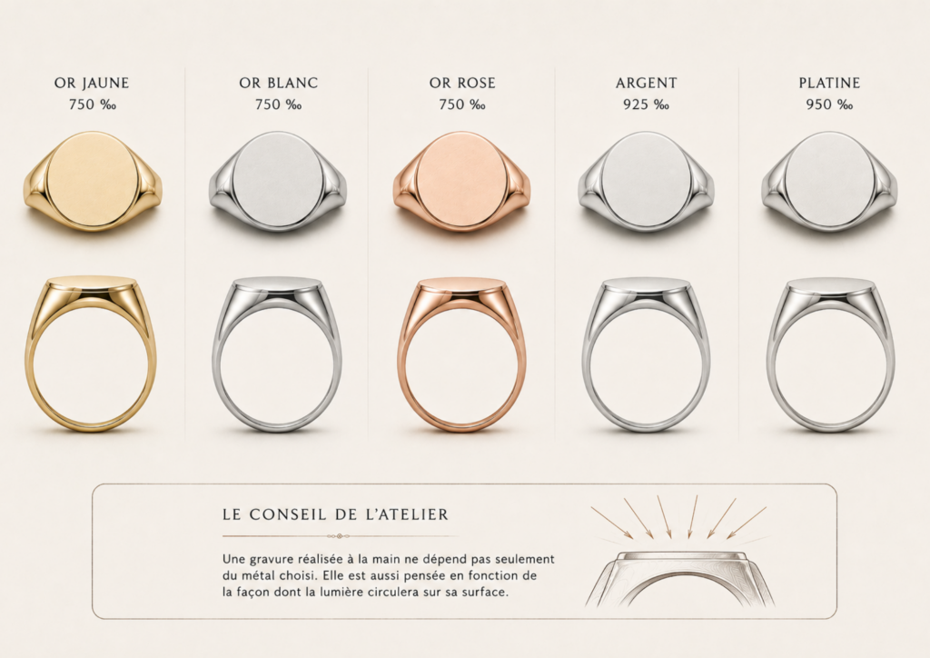 Illustration des différents métaux utilisés pour créer une chevalière : or jaune, or blanc, or rose, argent et platine